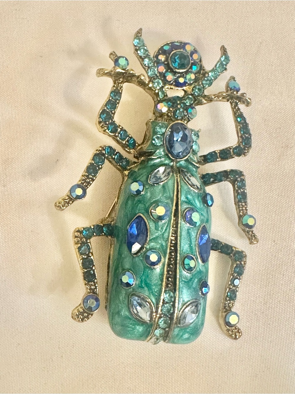 VTG Teal Jeweled Beetle Brooch - Blue Center Stone